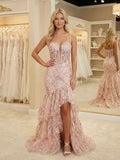 Pink Floral Embroidered Ruffled Corset Prom Dress With Slit