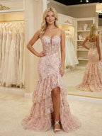 Pink Floral Embroidered Ruffled Corset Prom Dress With Slit