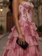 Pink Floral Strapless Chiffon Prom Dress With Corset Bodice Ruffle Slit