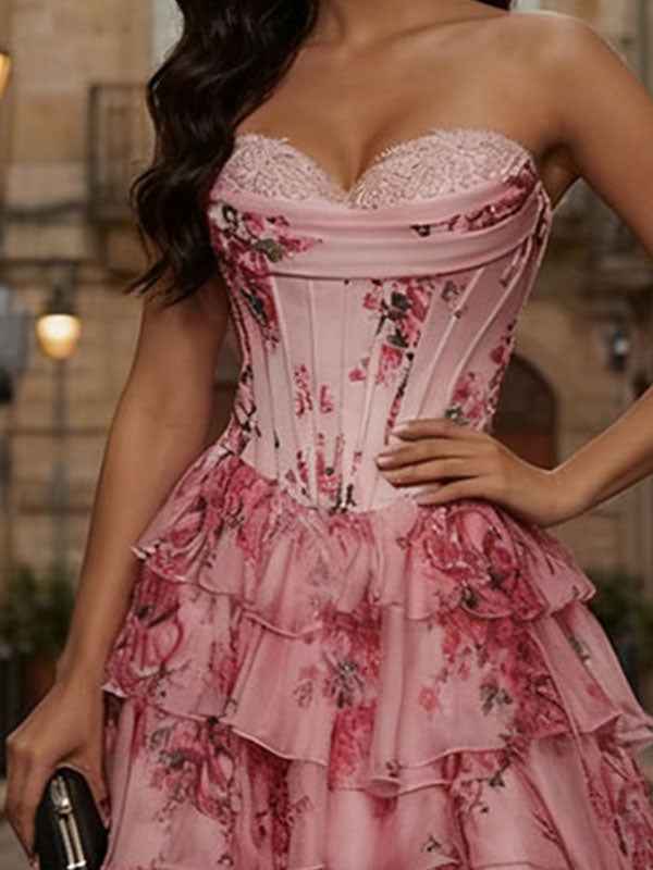 Pink Floral Strapless Chiffon Prom Dress With Corset Bodice Ruffle Slit