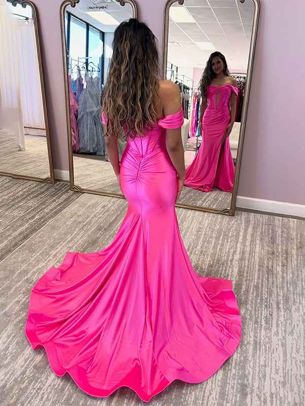 Red Mermaid Off Shoulder Corset Long Prom Dress With Slit