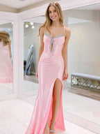 Pink Mermaid Beaded Prom Dress With Spaghetti Straps And Slit