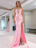 Pink Mermaid Beaded Prom Dress With Spaghetti Straps And Slit
