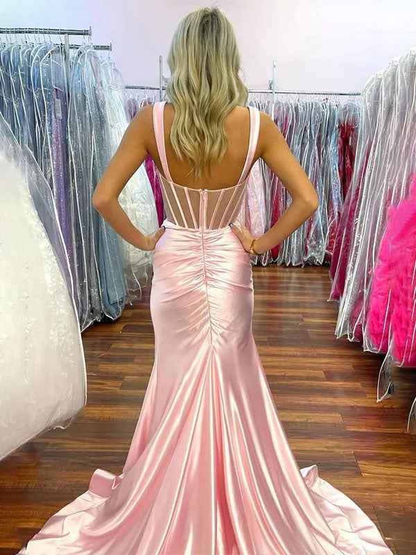 Blush Pink Satin Mermaid Prom Dress With Square Neck And Side Slit