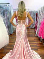 Blush Pink Satin Mermaid Prom Dress With Square Neck And Side Slit