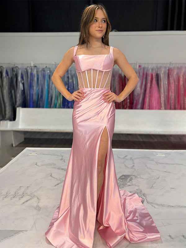Blush Pink Satin Mermaid Prom Dress With Square Neck And Side Slit