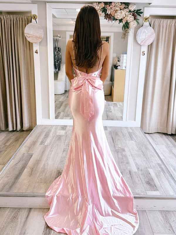 Pink Mermaid Strapless Satin Prom Dress With Beading And Rhinestones