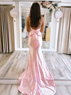 Pink Mermaid Strapless Satin Prom Dress With Beading And Rhinestones