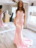 Pink Mermaid Strapless Satin Prom Dress With Beading And Rhinestones