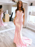 Pink Mermaid Strapless Satin Prom Dress With Beading And Rhinestones