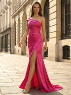 Fuchsia One Shoulder Satin Prom Gown With Ruched Slit Skirt