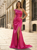 Fuchsia One Shoulder Satin Prom Gown With Ruched Slit Skirt