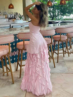 Pink Strapless Chiffon Prom Dress With Tiered Ruffles