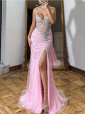 Pink Strapless Crystal Corset Illusion Bodice Prom Dress With High Slit