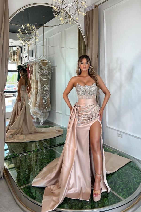 Pink Mermaid Strapless Satin Beading Long Prom Dresses With Split