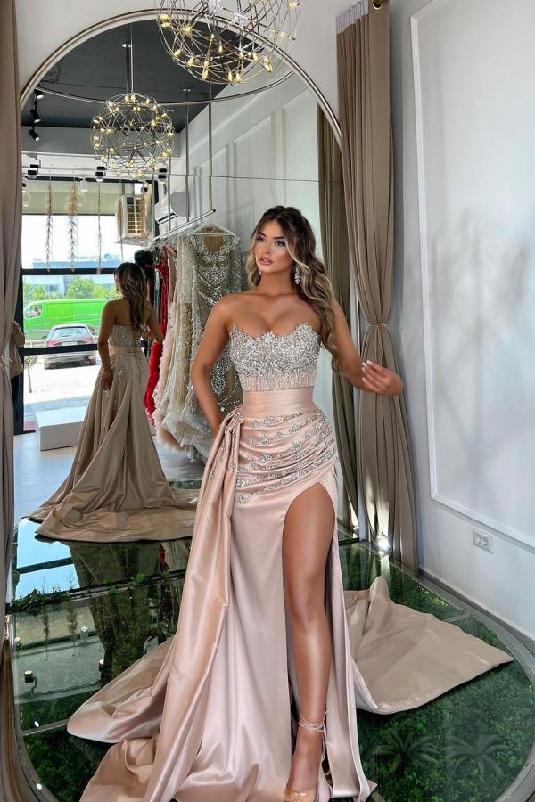 Pink Mermaid Strapless Satin Beading Long Prom Dresses With Split