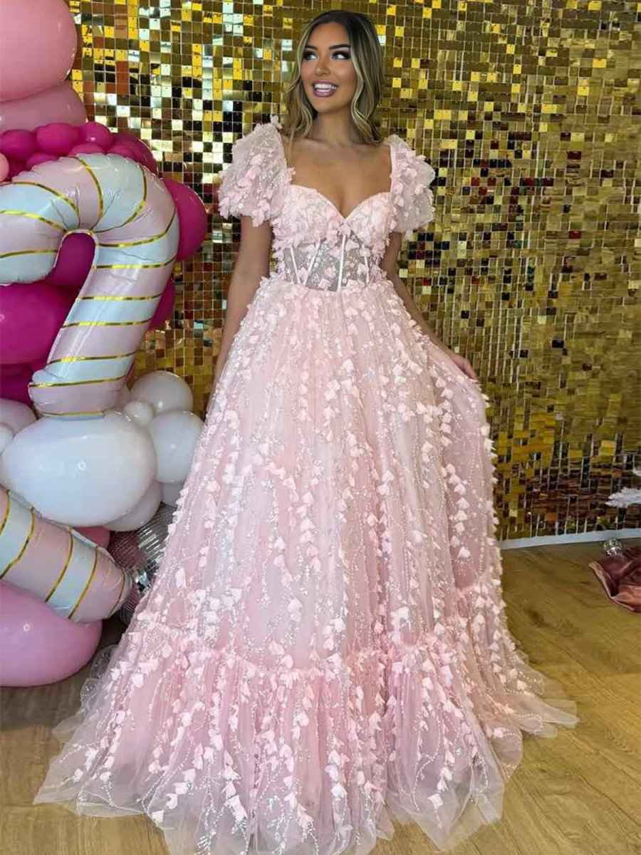 Pink 3D Floral Corset Prom Ball Gown With Puffy Sleeves