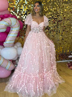 Pink 3D Floral Corset Prom Ball Gown With Puffy Sleeves