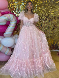 Pink 3D Floral Corset Prom Ball Gown With Puffy Sleeves