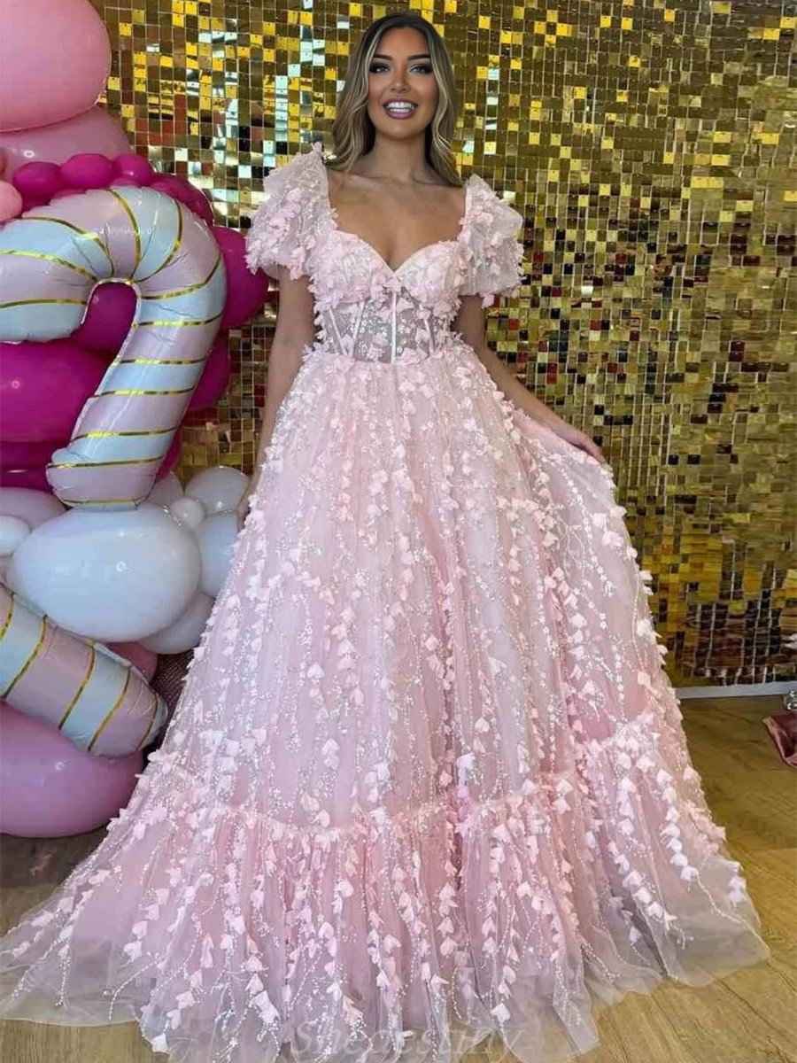 Pink 3D Floral Corset Prom Ball Gown With Puffy Sleeves