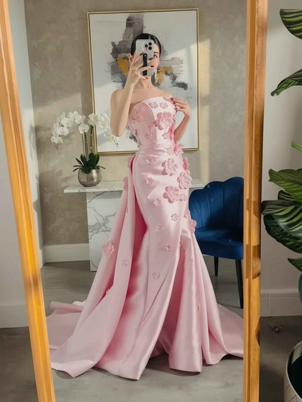 Pink Satin A Line Strapless Prom Dress 3D Floral Appliques