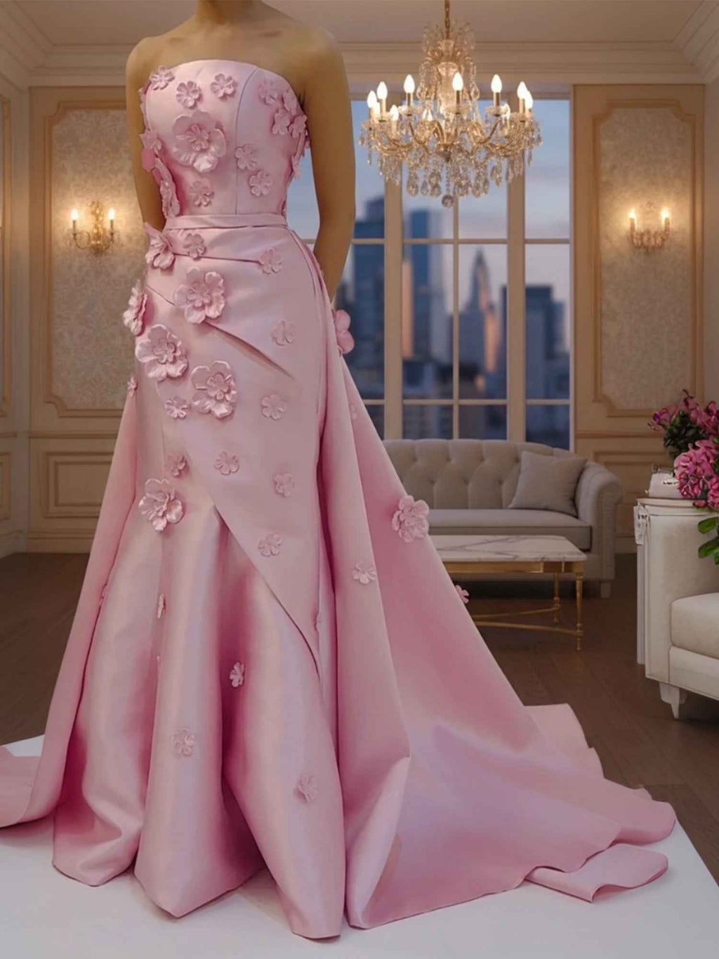 Pink Satin A Line Strapless Prom Dress 3D Floral Appliques