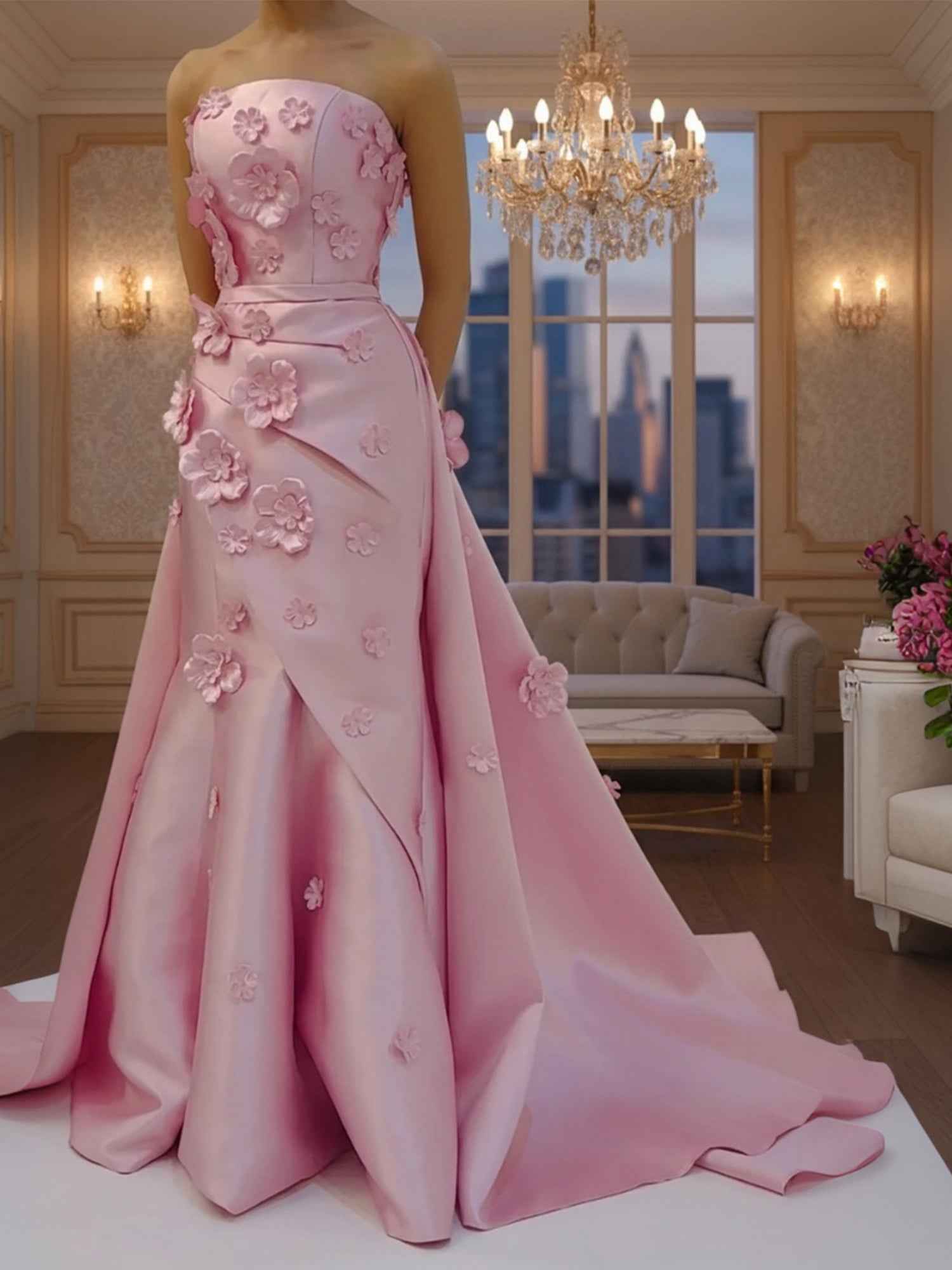 Pink Satin A Line Strapless Prom Dress 3D Floral Appliques