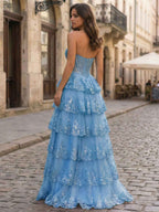 Pastel Pink A Line Strapless Sweetheart Tiered Lace Corset Prom Dress