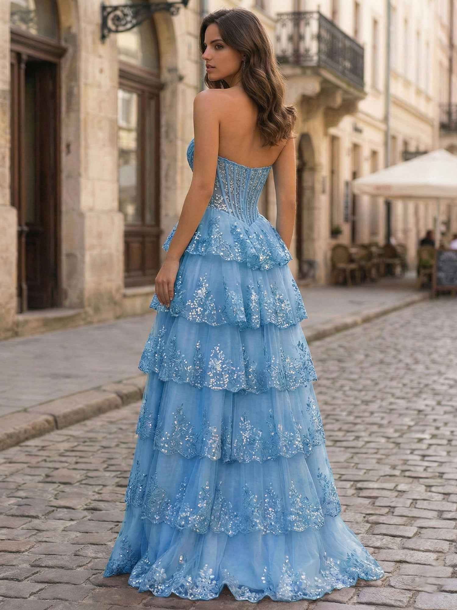 Pastel Pink A Line Strapless Sweetheart Tiered Lace Corset Prom Dress