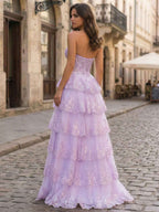 Pastel Pink A Line Strapless Sweetheart Tiered Lace Corset Prom Dress