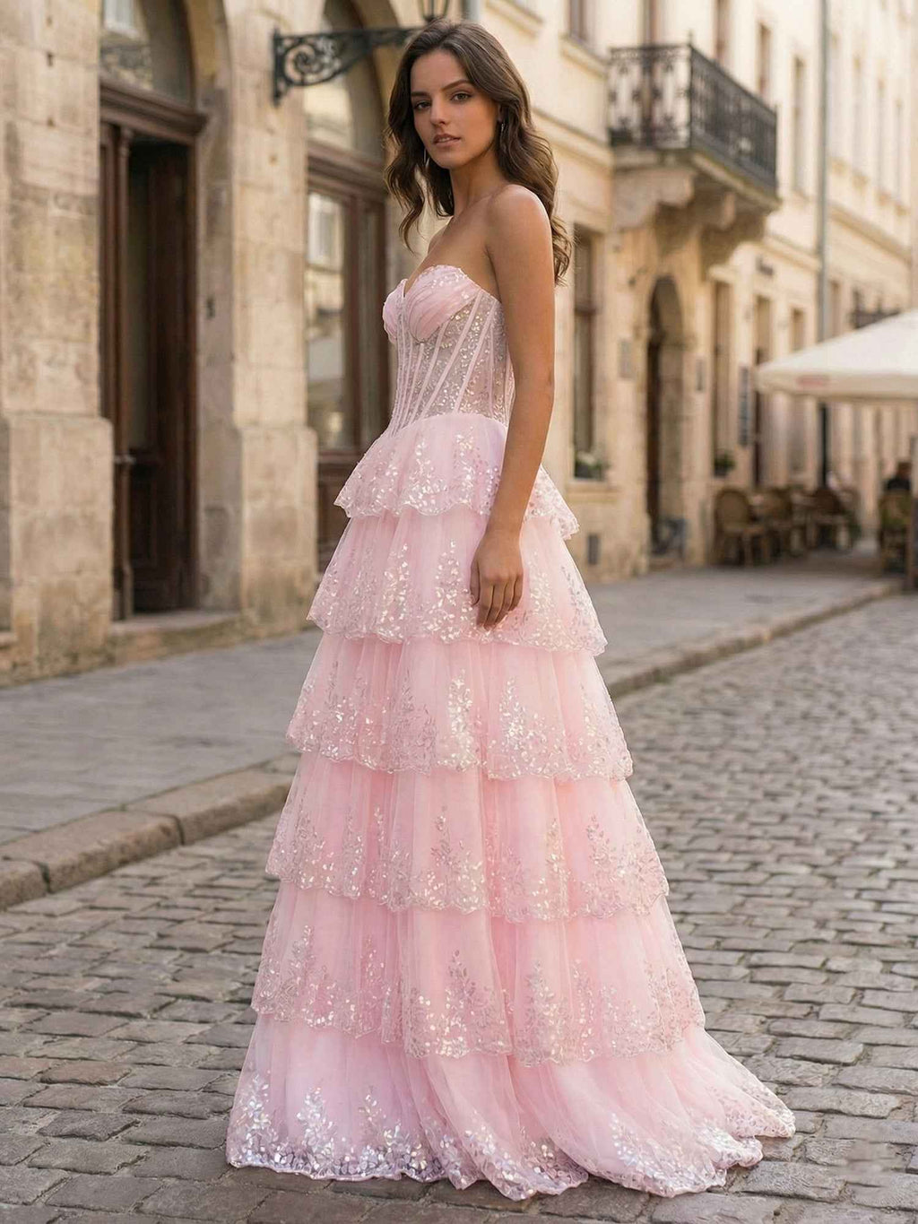 Pastel Pink A Line Strapless Sweetheart Tiered Lace Corset Prom Dress