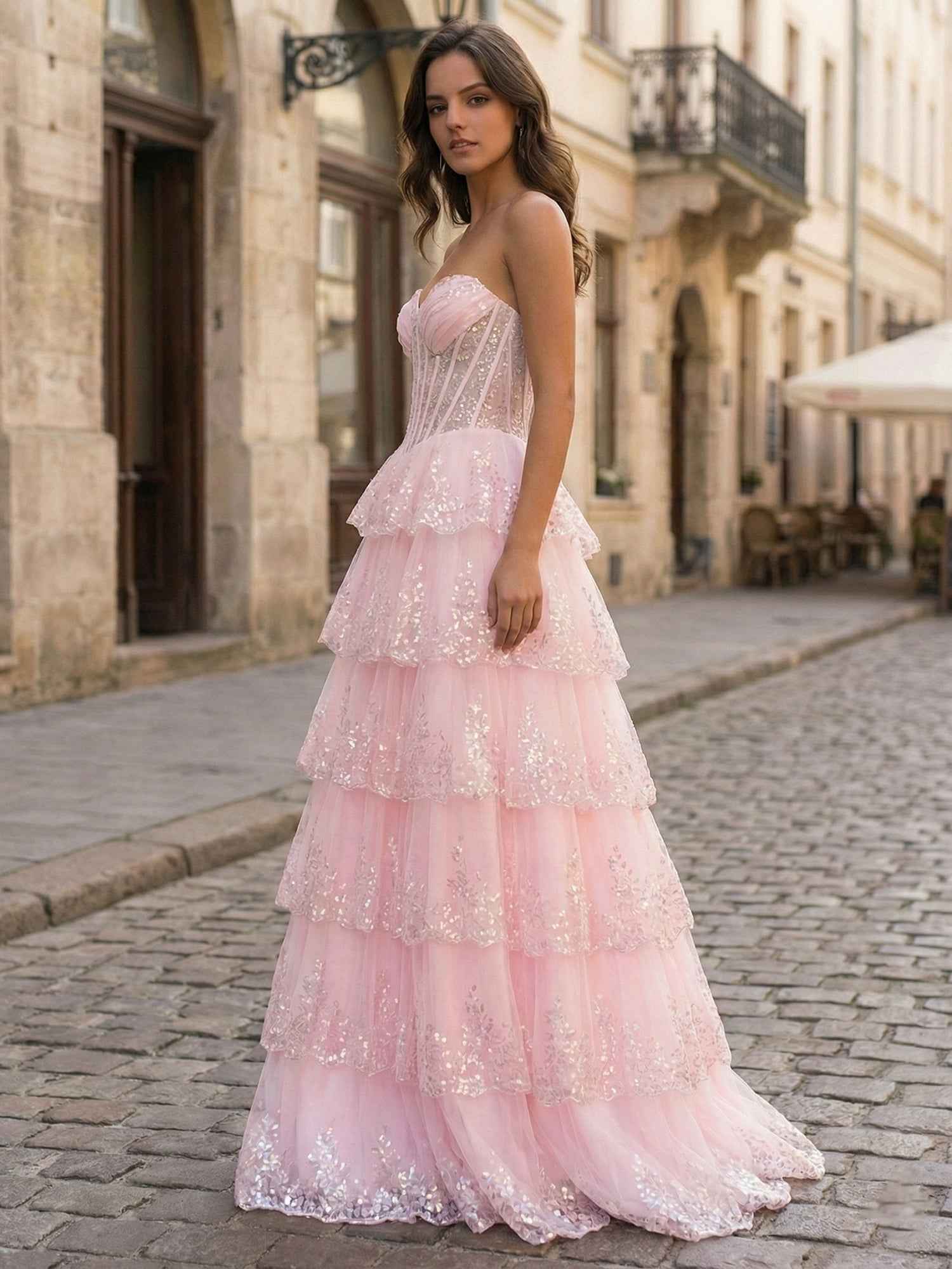 Pastel Pink A Line Strapless Sweetheart Tiered Lace Corset Prom Dress