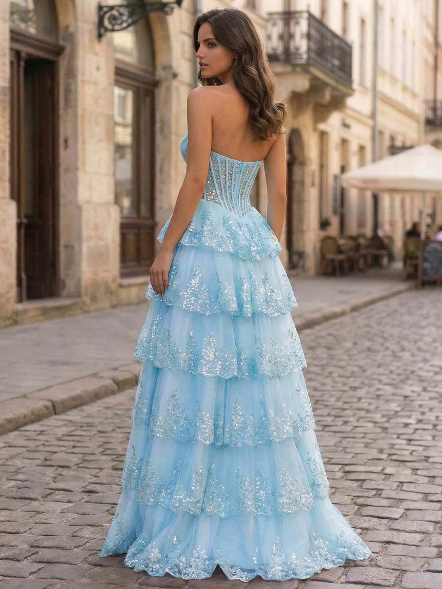 Pastel Pink A Line Strapless Sweetheart Tiered Lace Corset Prom Dress