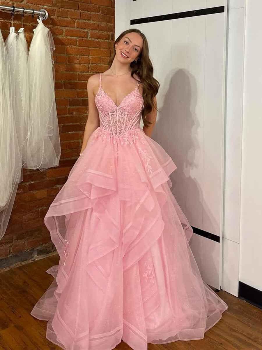 Pink A Line Tiered Tulle Long Prom Dress With Lace Applique