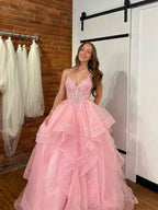 Pink A Line Tiered Tulle Long Prom Dress With Lace Applique