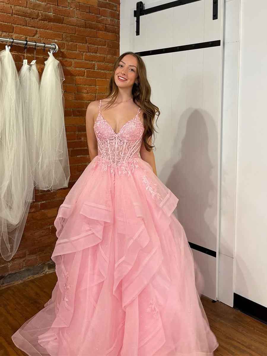 Pink A Line Tiered Tulle Long Prom Dress With Lace Applique