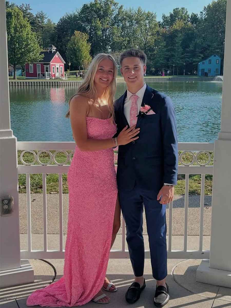 Pink All Over Sequin Sheath Prom Dress With Side Slit