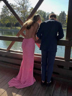 Pink All Over Sequin Sheath Prom Dress With Side Slit