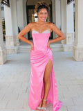 Pink Beaded Strapless Sweetheart Neckline Mermaid Prom Dress With Slit