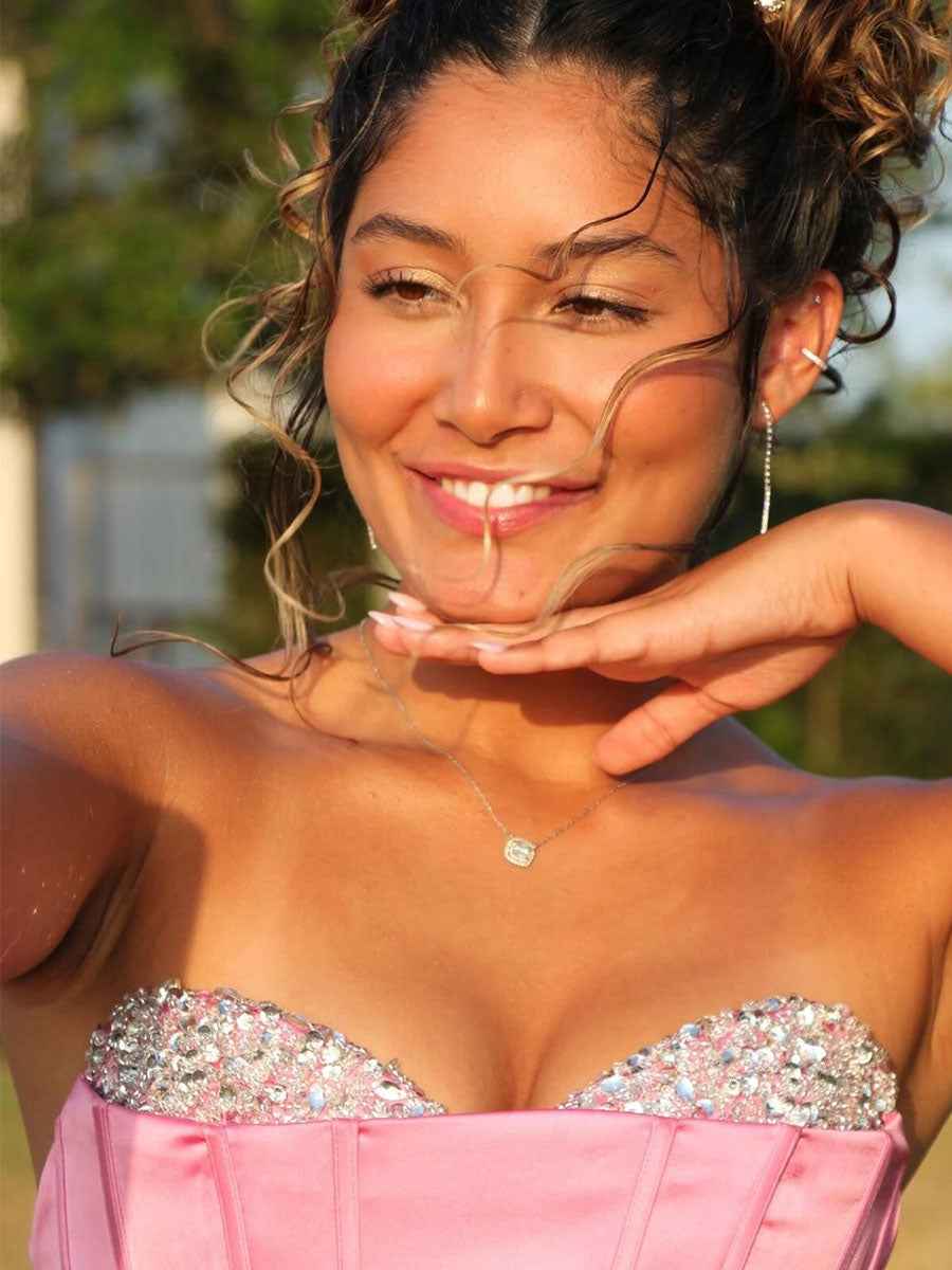 Pink Beaded Strapless Sweetheart Neckline Mermaid Prom Dress With Slit