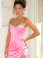 Pink Beaded Strapless Sweetheart Neckline Mermaid Prom Dress With Slit