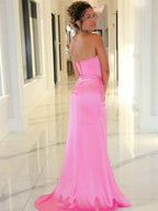 Pink Beaded Strapless Sweetheart Neckline Mermaid Prom Dress With Slit