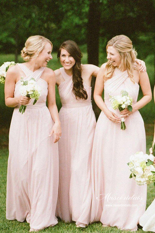 Pink Chiffon A-line Floor Length Simple Long Bridesmaid Dresses