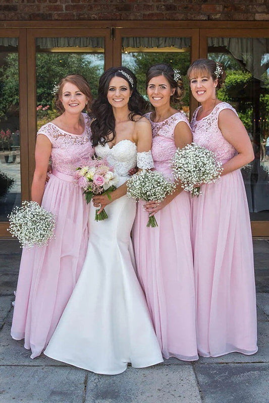 Pink Chiffon Lace Top A-line Scoop Neck Long Bridesmaid Dresses
