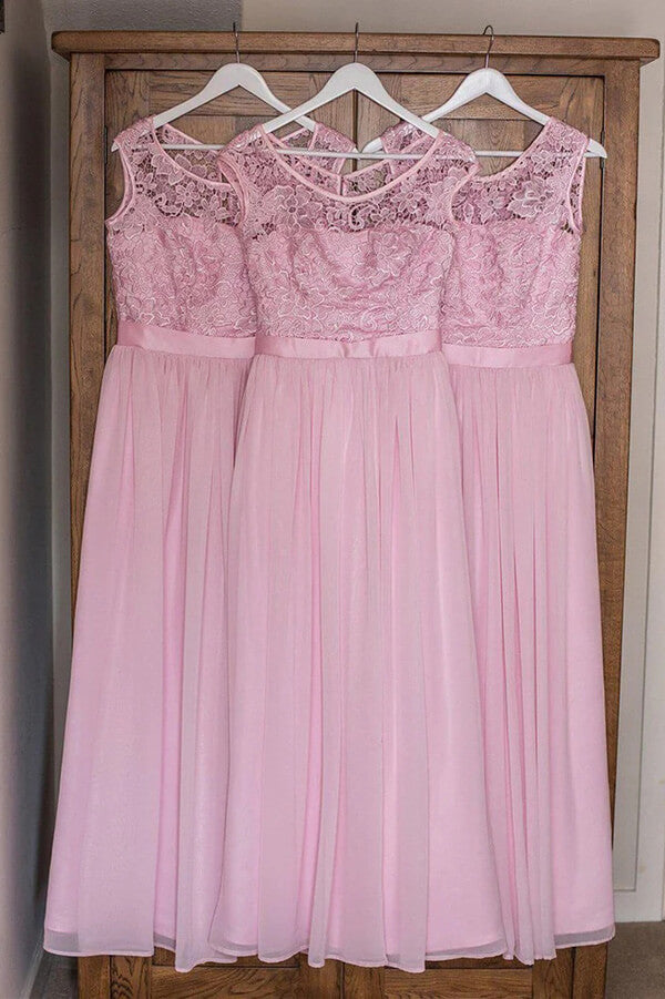 Rosa Chiffon Spitzenoberteil A-Linie U-Ausschnitt Lange Brautjungfernkleider