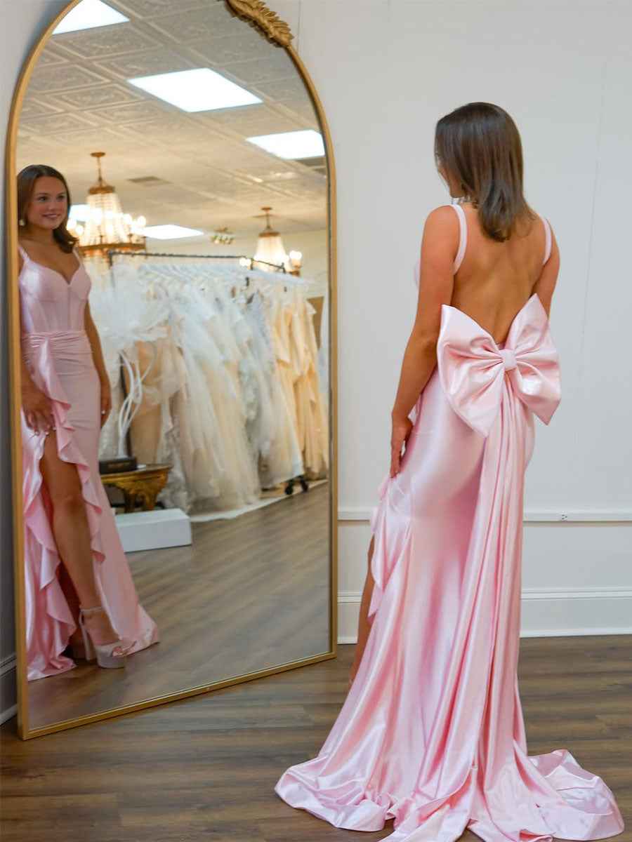 Pink Dramatic Ruffle Prom Gown With Sheer Corset Bodice And Satin Skirt