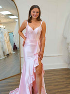 Pink Dramatic Ruffle Prom Gown With Sheer Corset Bodice And Satin Skirt