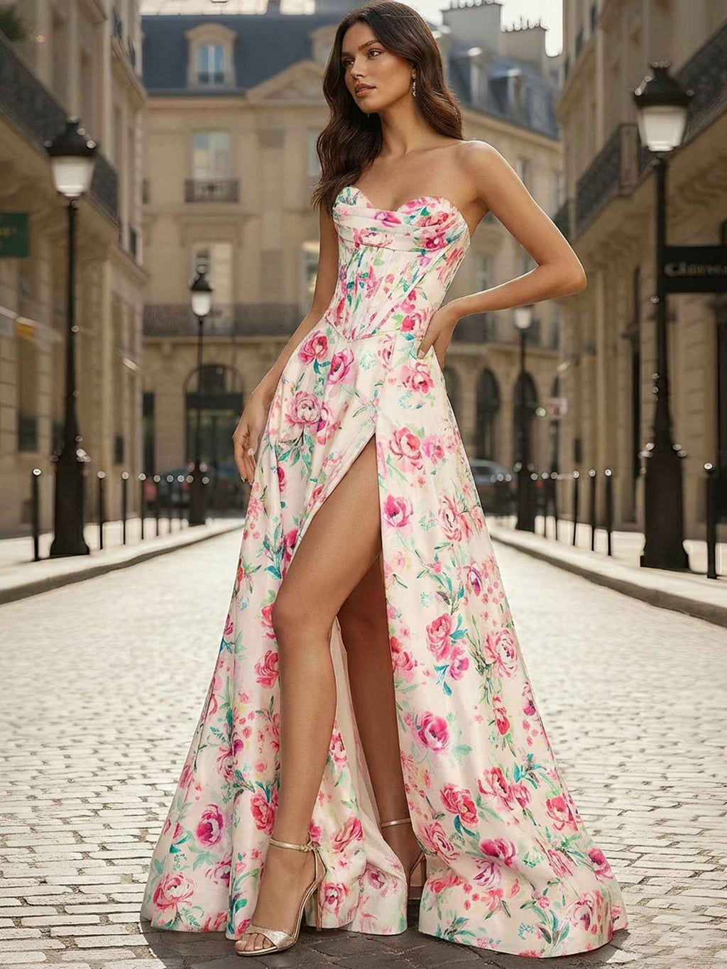 Pink Floral A Line Strapless Corset Prom Dress With Sweetheart Neckline