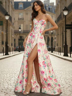 Pink Floral A Line Strapless Corset Prom Dress With Sweetheart Neckline