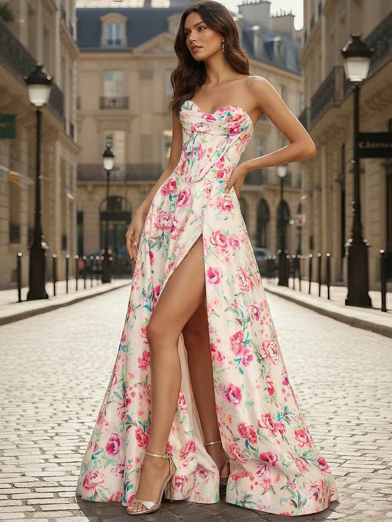 Pink Floral A Line Strapless Corset Prom Dress With Sweetheart Neckline